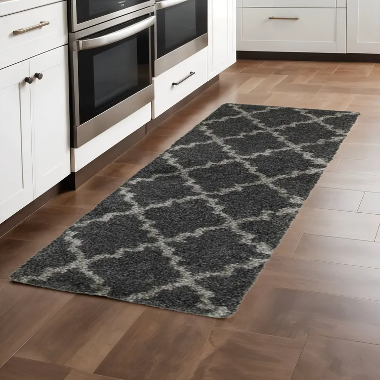 Charcoal And Grey Geometric Shag Power Loom Stain Resistant Runner Rug Photo 3