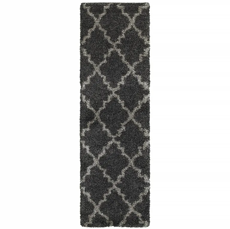 Charcoal And Grey Geometric Shag Power Loom Stain Resistant Runner Rug Photo 1