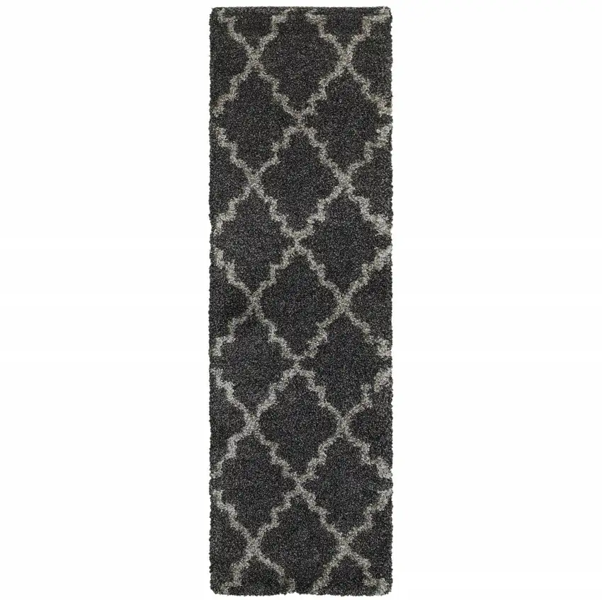 Charcoal And Grey Geometric Shag Power Loom Stain Resistant Runner Rug Photo 1