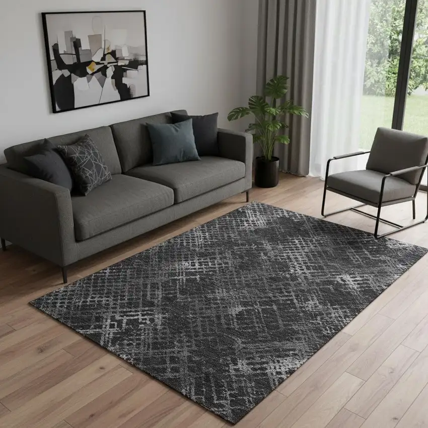 Charcoal And Ivory Abstract Geometric Washable Area Rug With UV Protection Photo 1