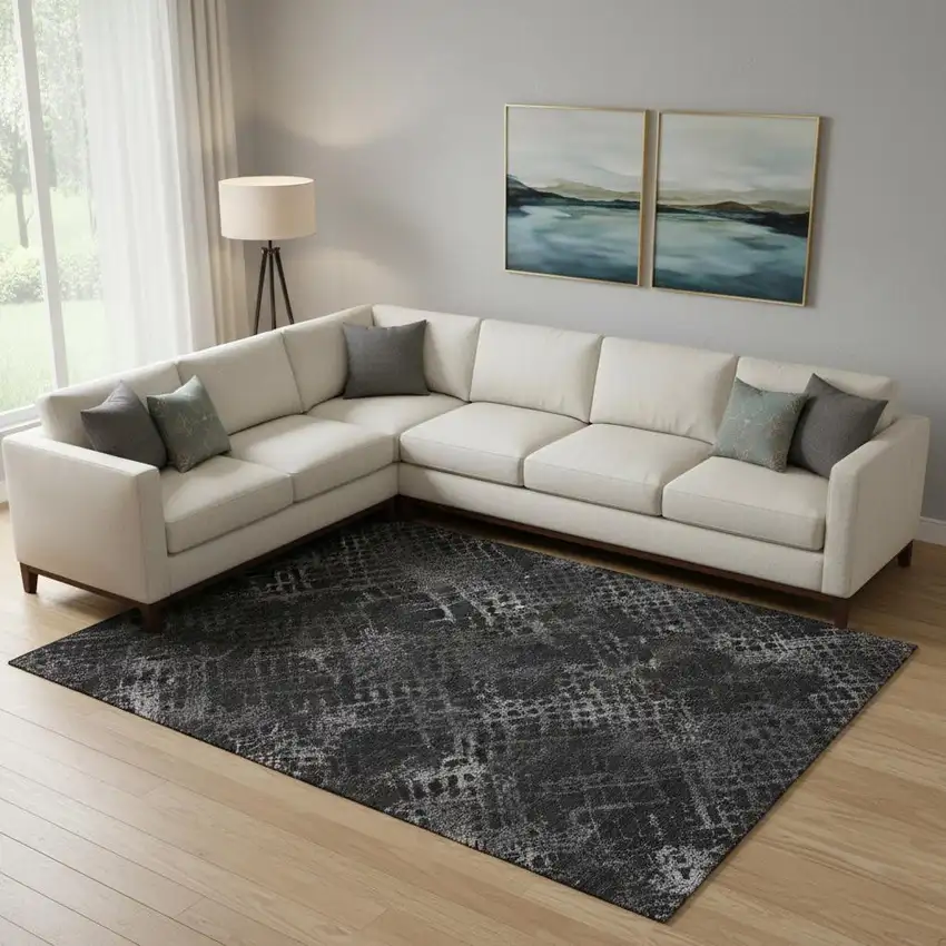 Charcoal And Ivory Abstract Geometric Washable Area Rug With UV Protection Photo 1
