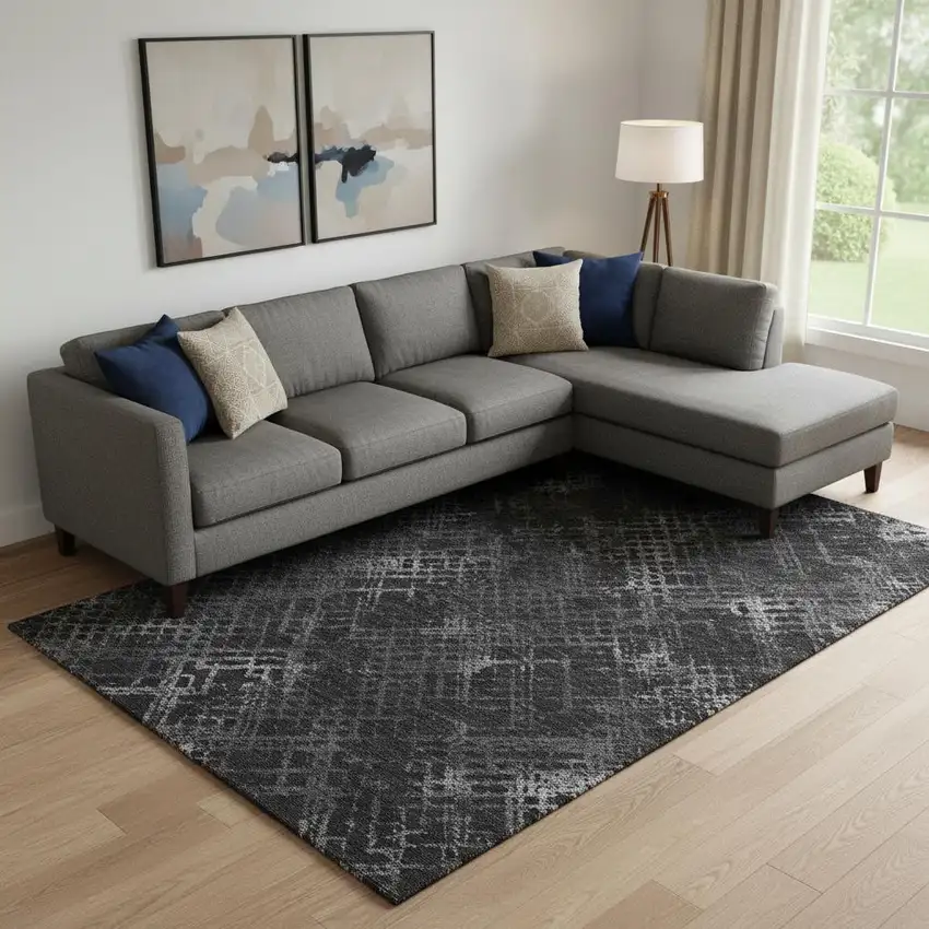 Charcoal And Ivory Abstract Geometric Washable Area Rug With UV Protection Photo 1