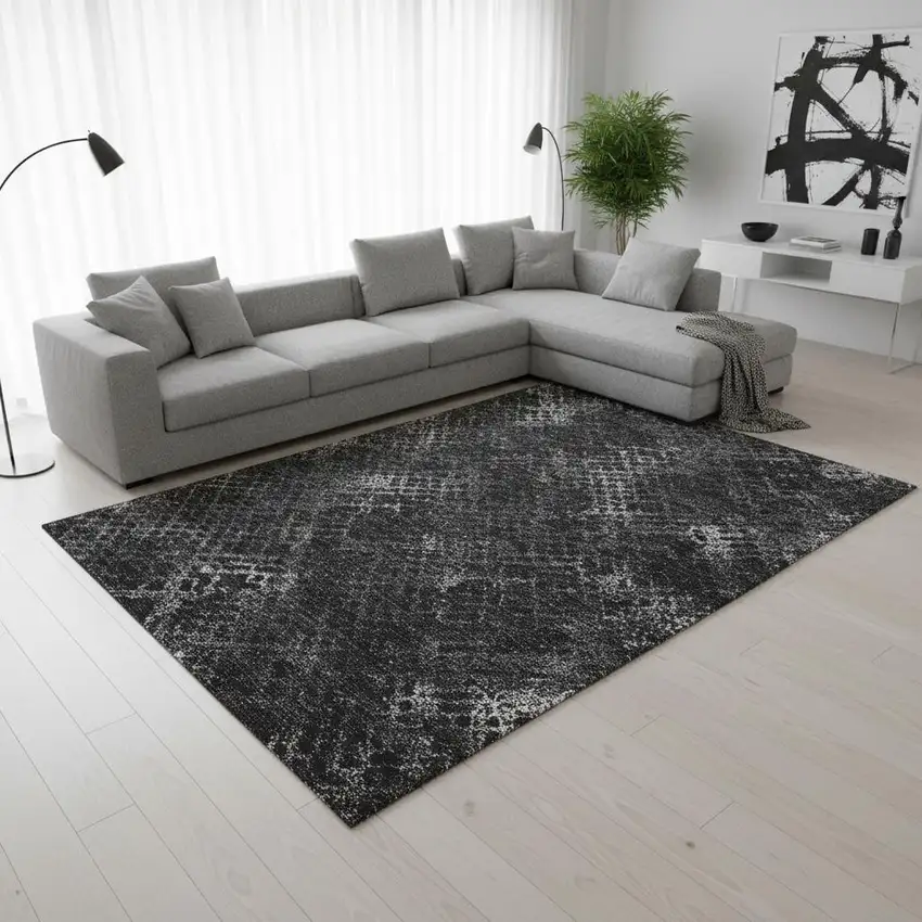 Charcoal And Ivory Abstract Geometric Washable Area Rug With UV Protection Photo 2
