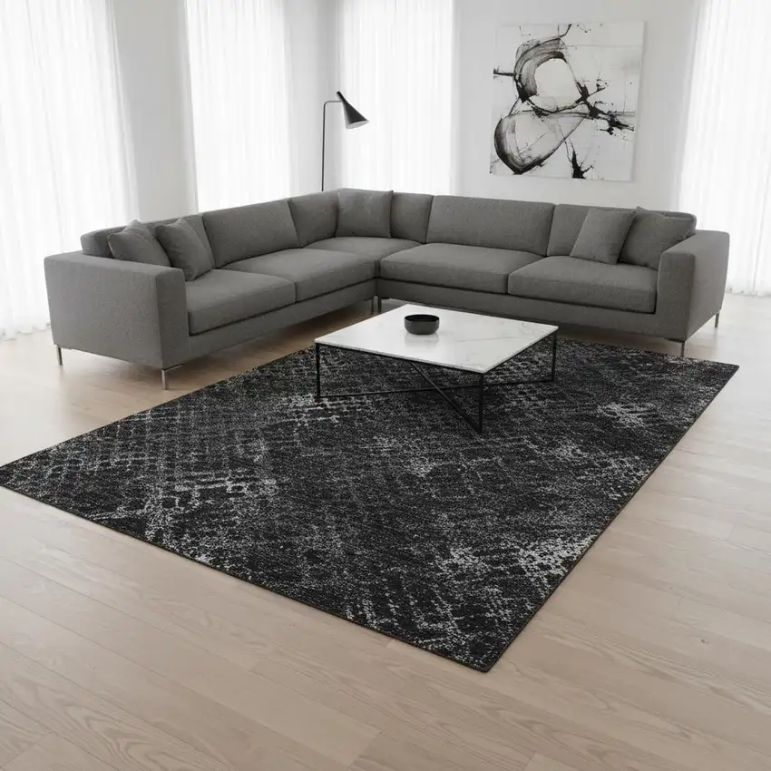 Charcoal And Ivory Abstract Geometric Washable Area Rug With UV Protection Photo 2