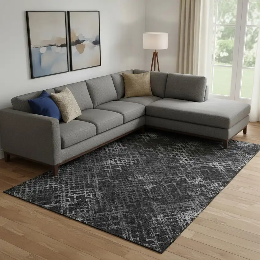 Charcoal And Ivory Abstract Geometric Washable Area Rug With UV Protection Photo 1
