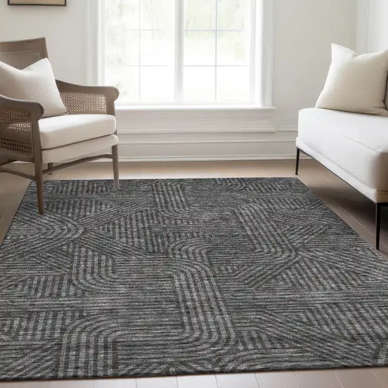 Charcoal And Ivory Abstract Geometric Washable Area Rug With UV Protection Photo 6