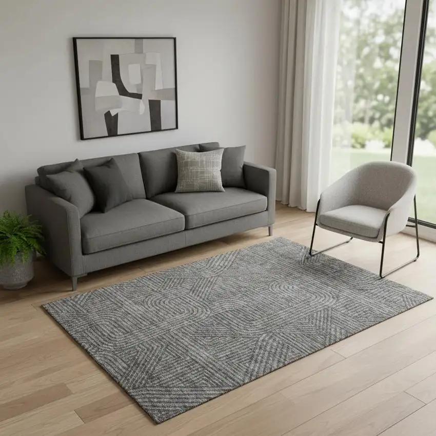 Charcoal And Ivory Abstract Geometric Washable Area Rug With UV Protection Photo 1