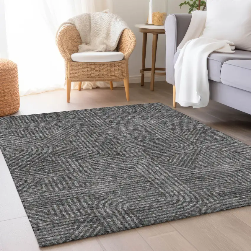 Charcoal And Ivory Abstract Geometric Washable Area Rug With UV Protection Photo 5