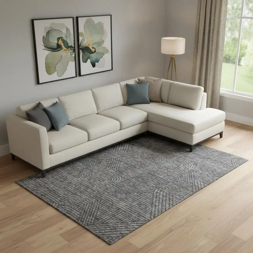 Charcoal And Ivory Abstract Geometric Washable Area Rug With UV Protection Photo 1