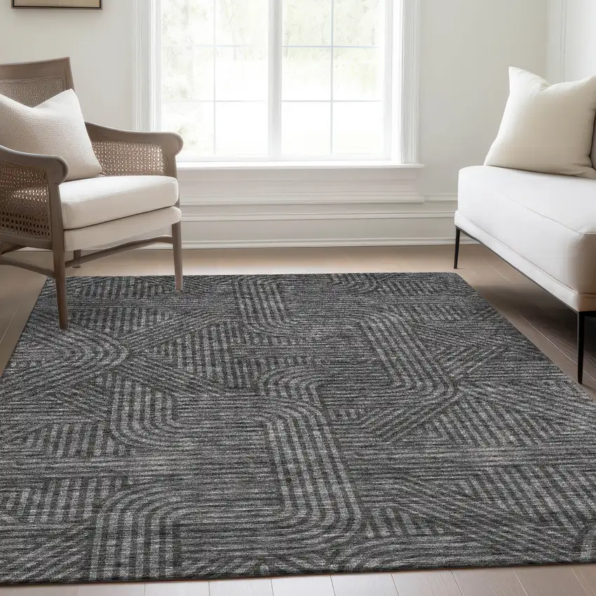 Charcoal And Ivory Abstract Geometric Washable Area Rug With UV Protection Photo 6