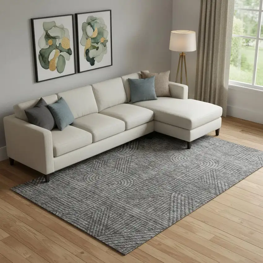 Charcoal And Ivory Abstract Geometric Washable Area Rug With UV Protection Photo 1