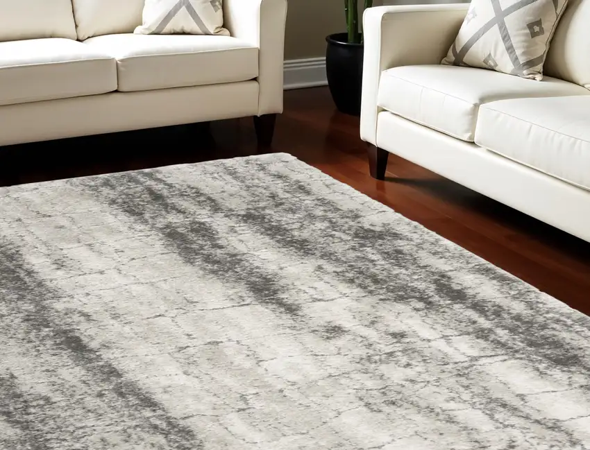 Charcoal And Ivory Abstract Shag Distressed Area Rug Photo 1