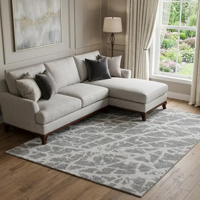 Charcoal And Ivory Abstract Washable Area Rug With UV Protection Photo 1