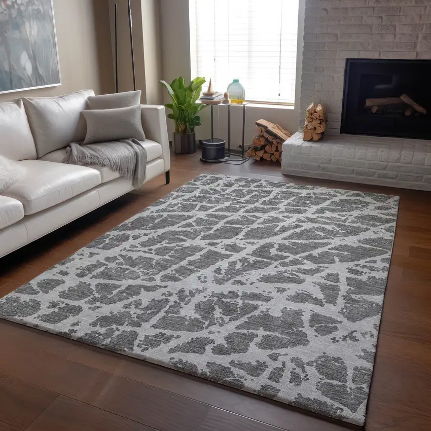 Charcoal And Ivory Abstract Washable Area Rug With UV Protection Photo 6