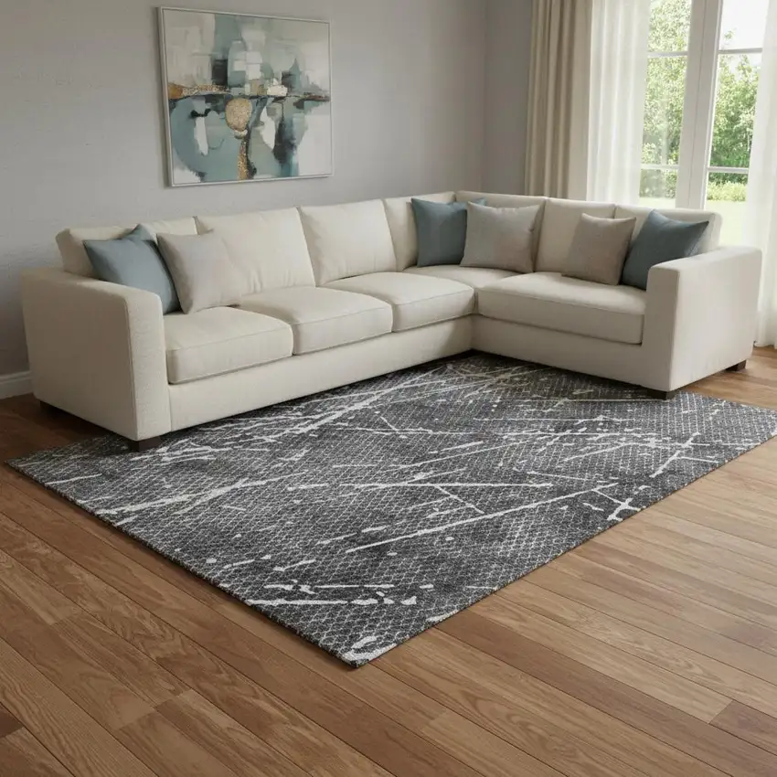 Charcoal And Ivory Abstract Washable Area Rug With UV Protection Photo 1
