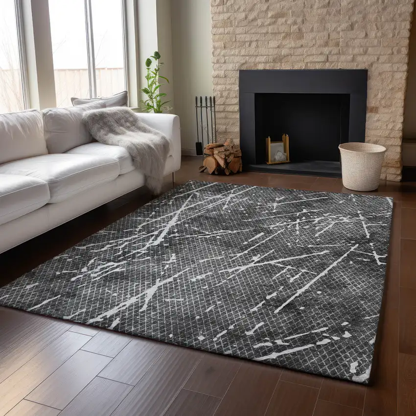 Charcoal And Ivory Abstract Washable Area Rug With UV Protection Photo 4