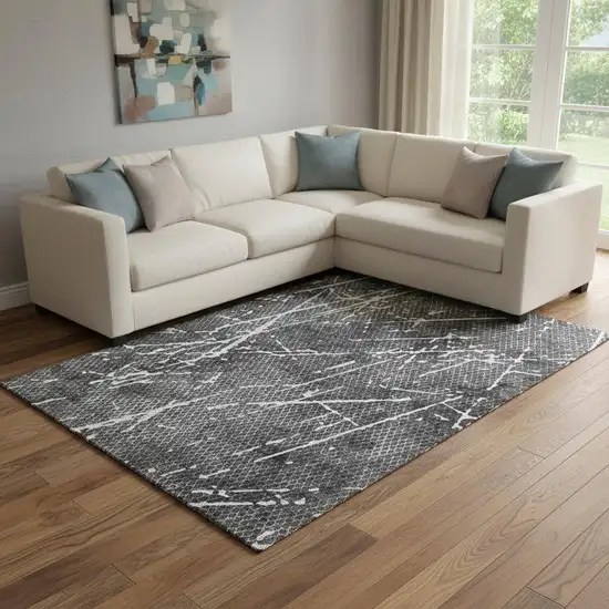 Charcoal And Ivory Abstract Washable Area Rug With UV Protection Photo 3