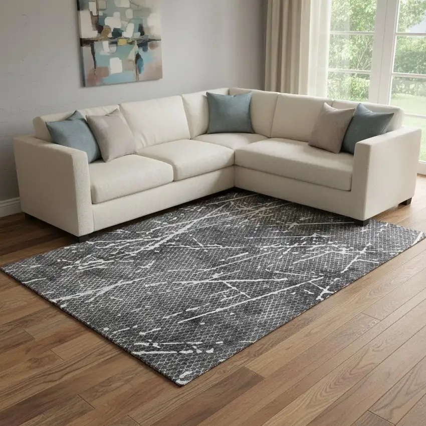 Charcoal And Ivory Abstract Washable Area Rug With UV Protection Photo 3