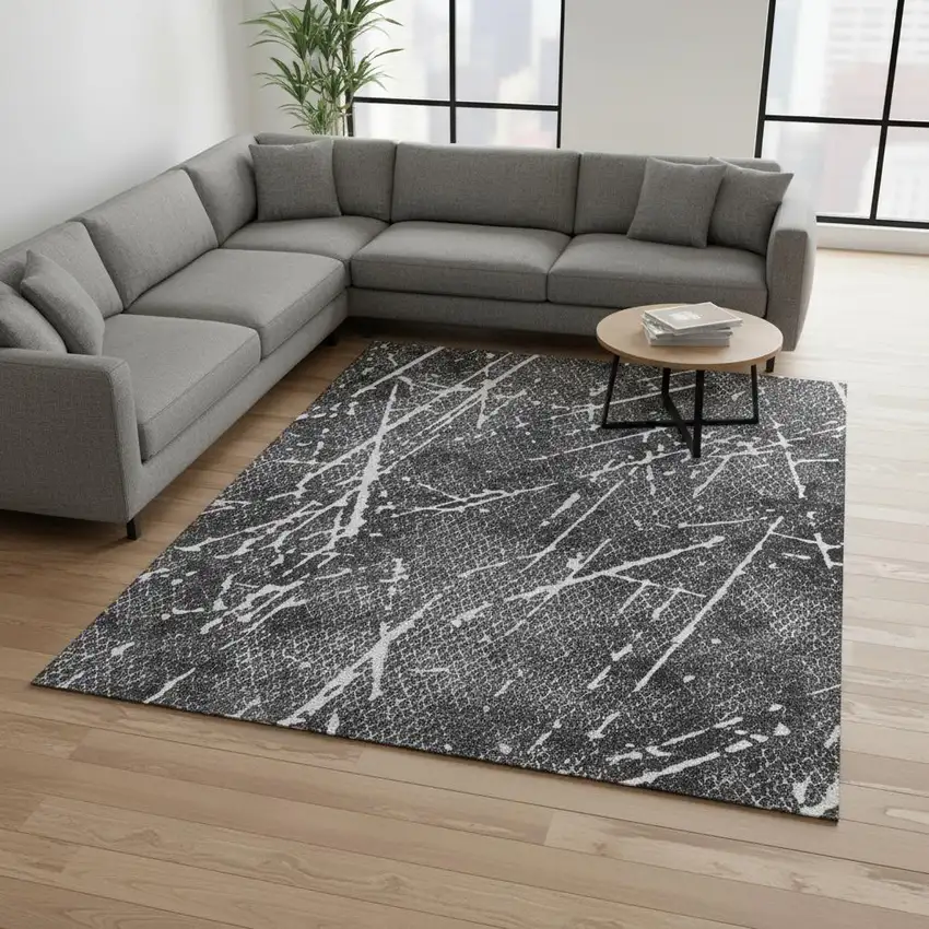 Charcoal And Ivory Abstract Washable Area Rug With UV Protection Photo 2