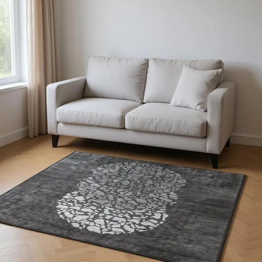 Charcoal And Ivory Abstract Washable Area Rug With UV Protection Photo 2
