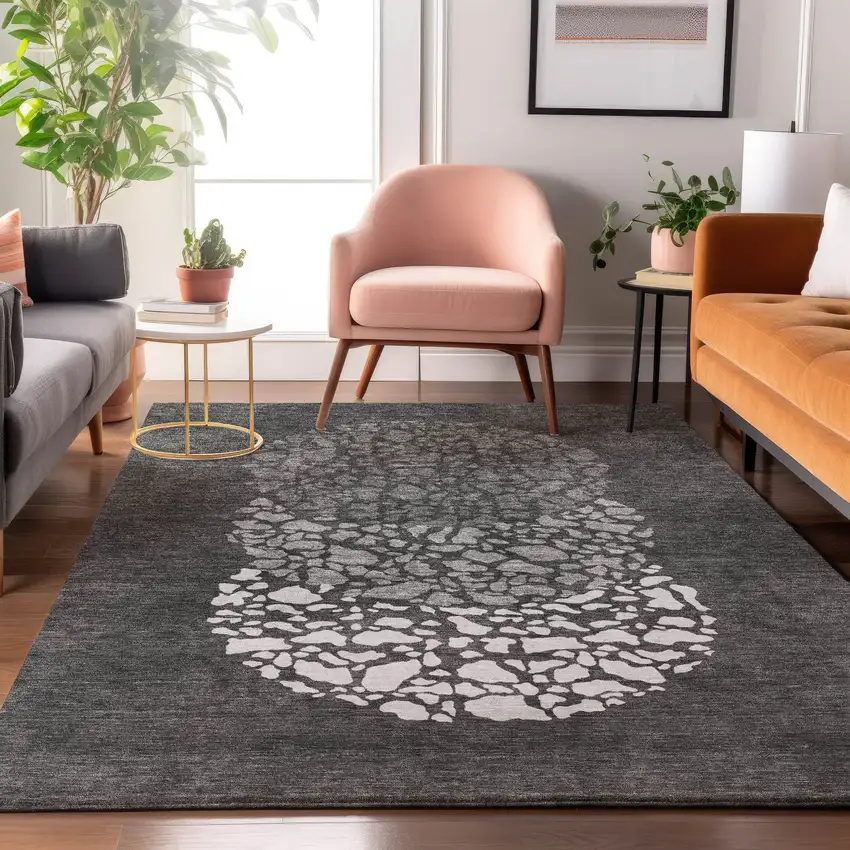 Charcoal And Ivory Abstract Washable Area Rug With UV Protection Photo 5