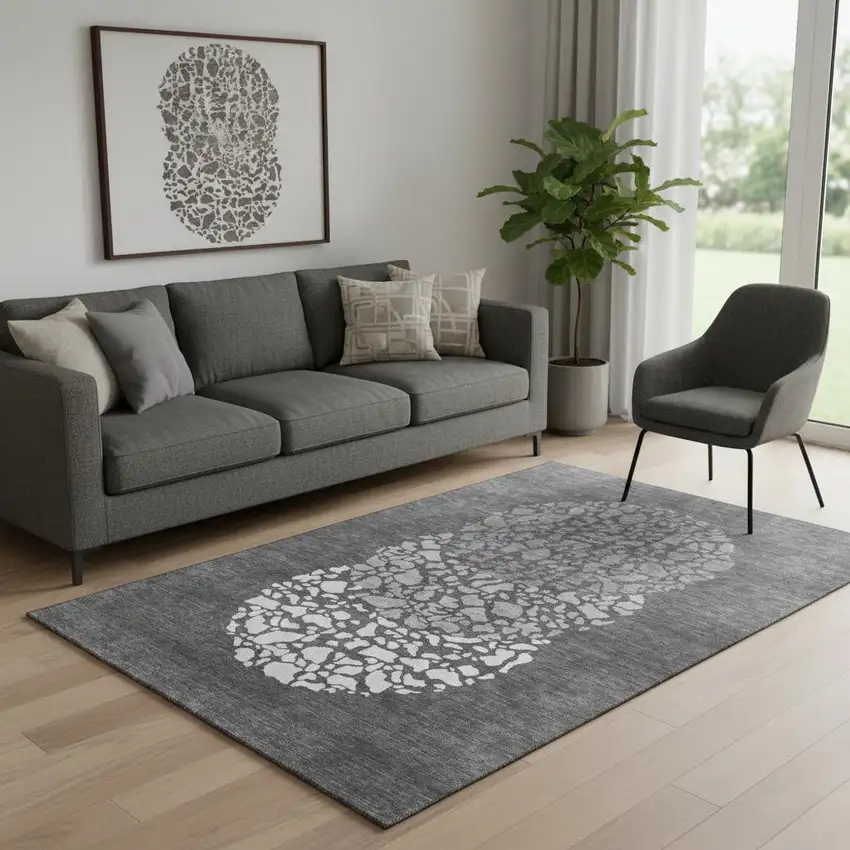 Charcoal And Ivory Abstract Washable Area Rug With UV Protection Photo 1