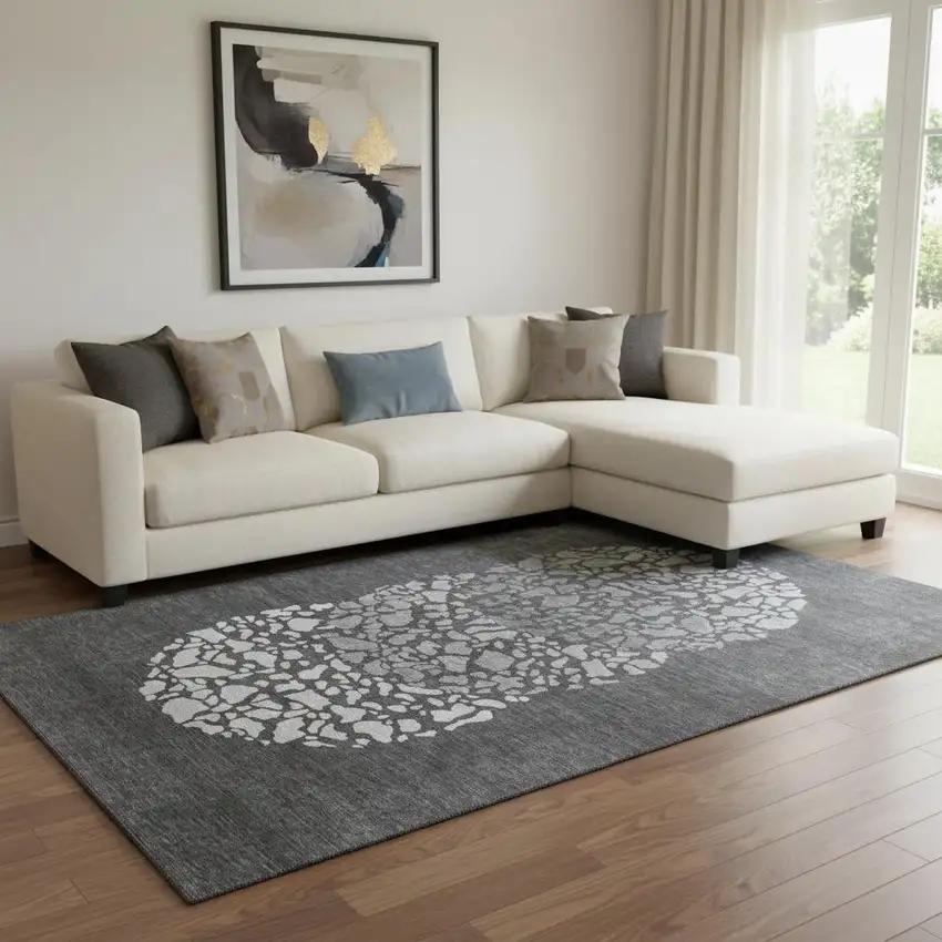 Charcoal And Ivory Abstract Washable Area Rug With UV Protection Photo 1