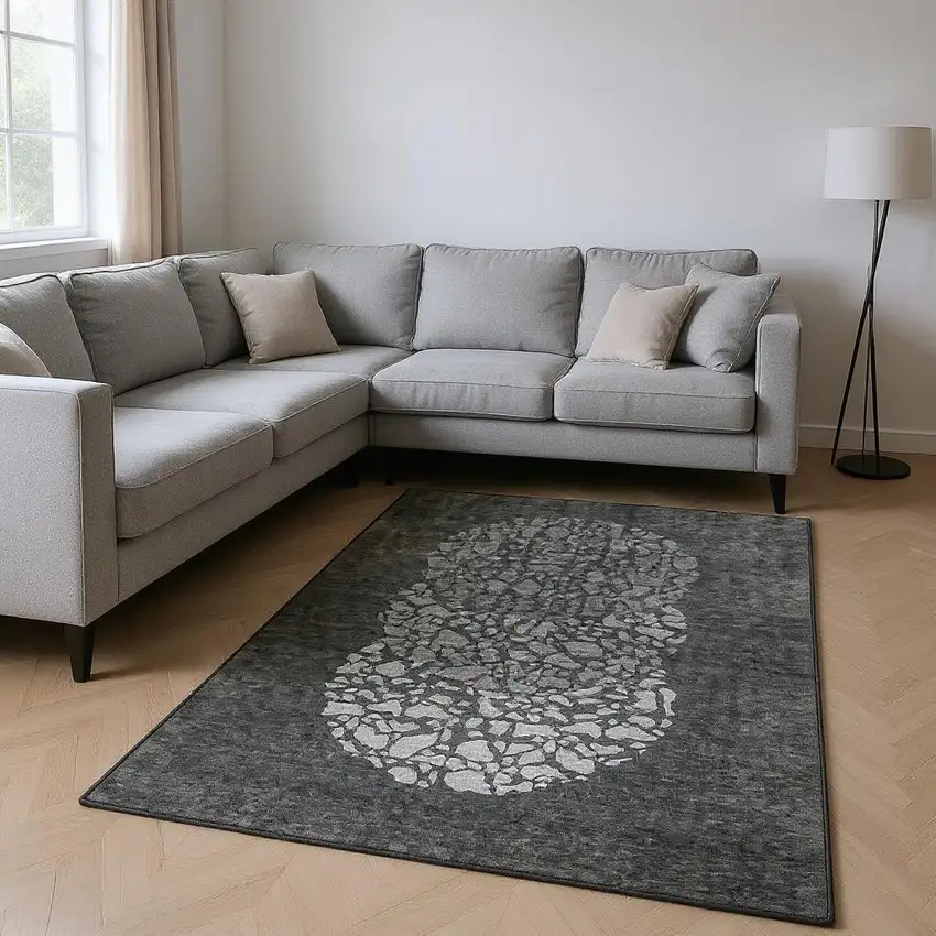Charcoal And Ivory Abstract Washable Area Rug With UV Protection Photo 2