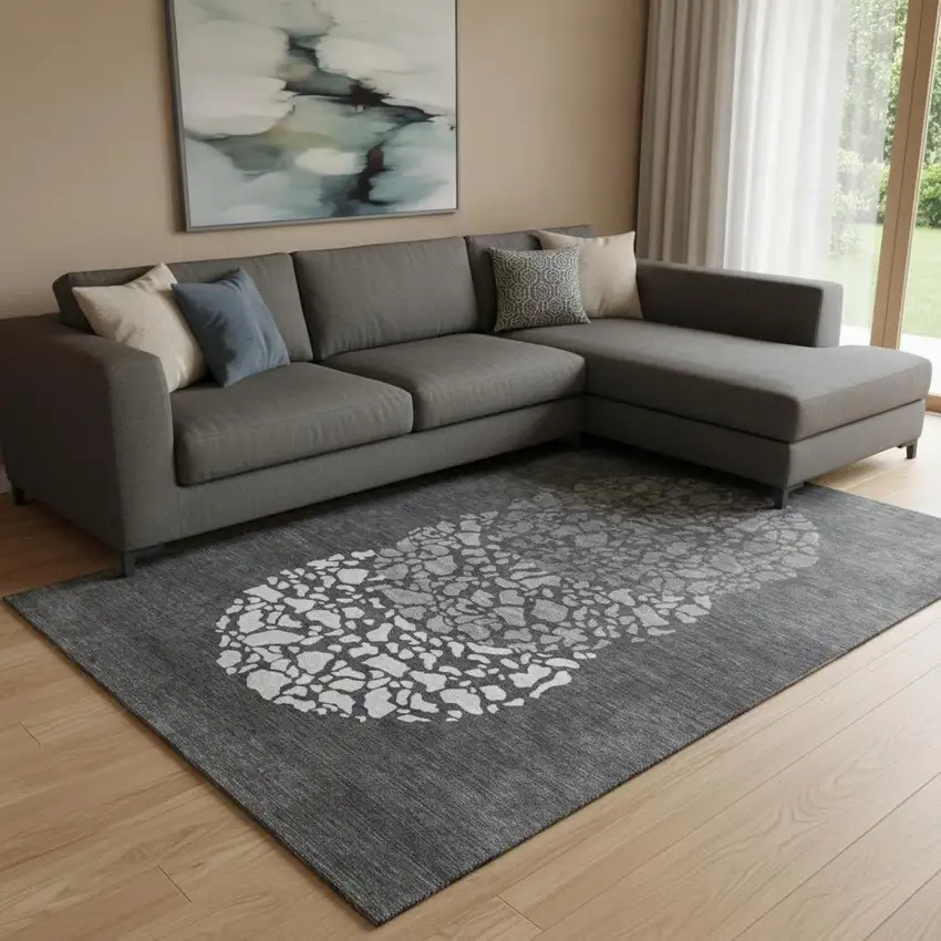 Charcoal And Ivory Abstract Washable Area Rug With UV Protection Photo 1