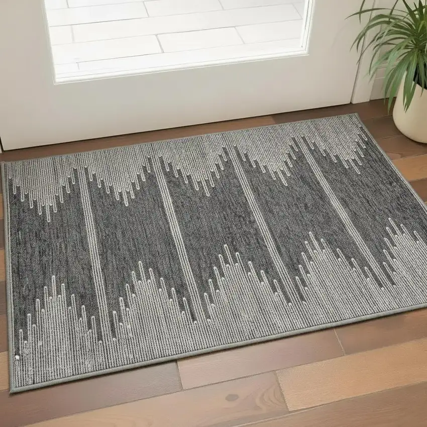 Charcoal And Ivory Abstract Washable Area Rug With UV Protection Photo 2