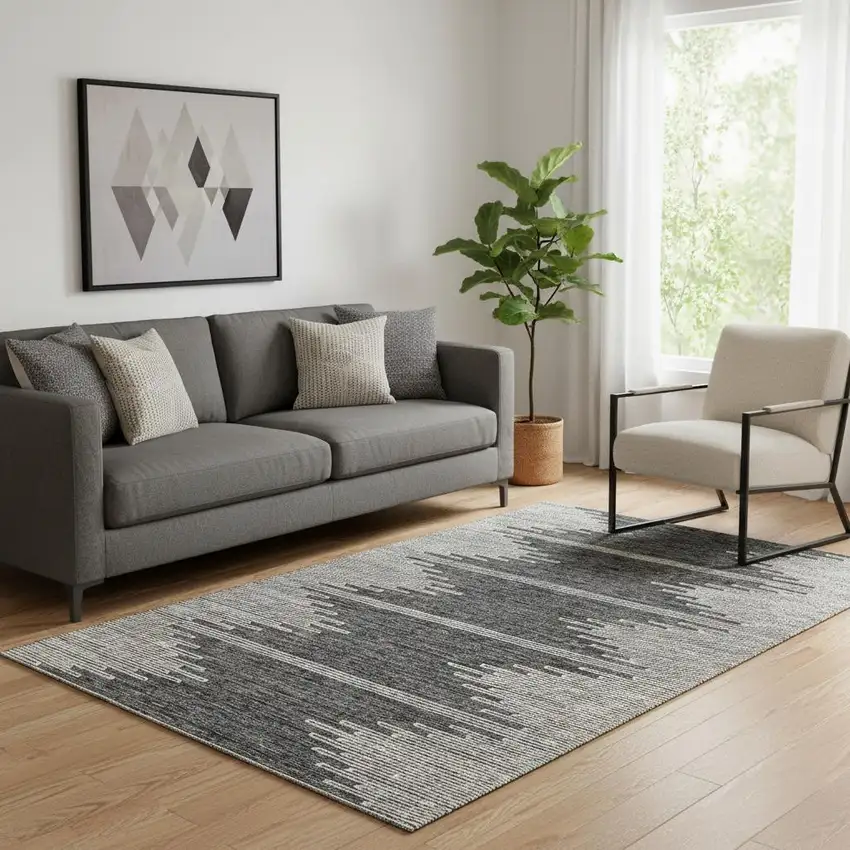 Charcoal And Ivory Abstract Washable Area Rug With UV Protection Photo 1