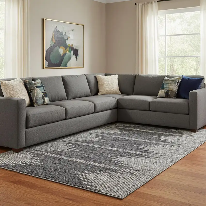 Charcoal And Ivory Abstract Washable Area Rug With UV Protection Photo 1