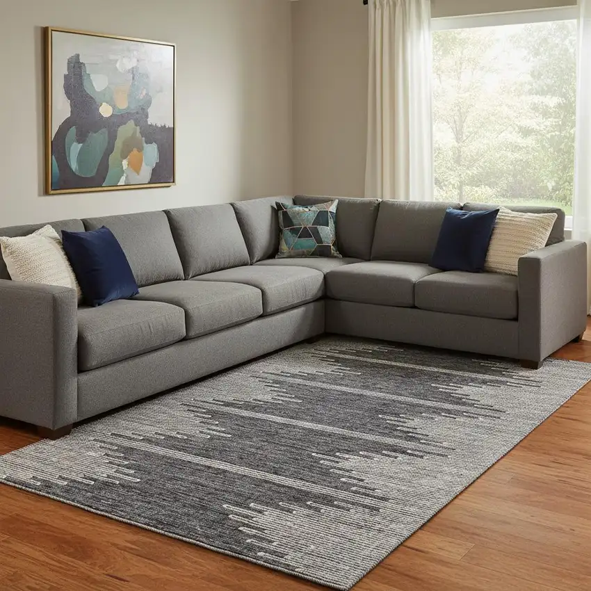 Charcoal And Ivory Abstract Washable Area Rug With UV Protection Photo 1