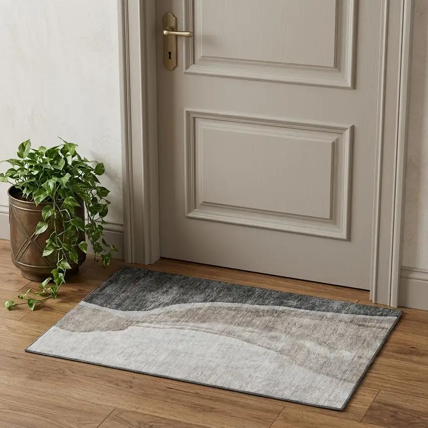 Charcoal And Ivory Abstract Washable Area Rug With UV Protection Photo 1