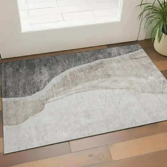 Charcoal And Ivory Abstract Washable Area Rug With UV Protection Photo 1