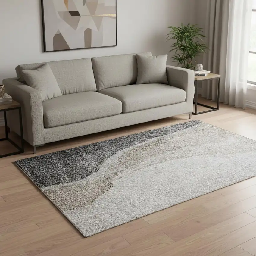 Charcoal And Ivory Abstract Washable Area Rug With UV Protection Photo 1