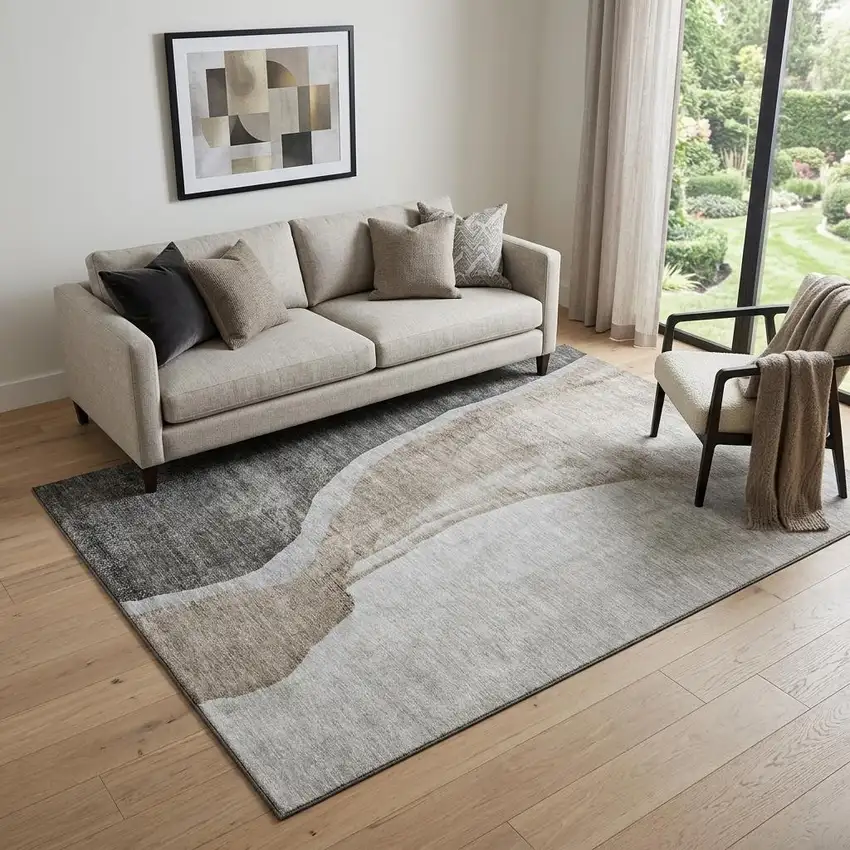 Charcoal And Ivory Abstract Washable Area Rug With UV Protection Photo 1