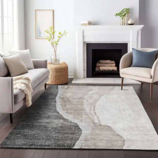 Charcoal And Ivory Abstract Washable Area Rug With UV Protection Photo 4