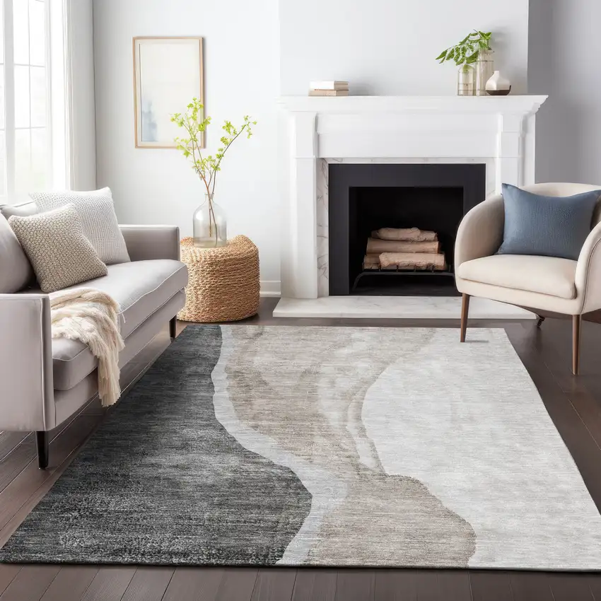 Charcoal And Ivory Abstract Washable Area Rug With UV Protection Photo 4
