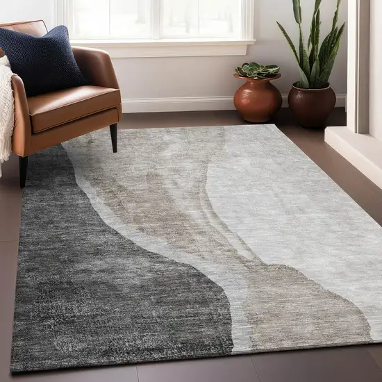 Charcoal And Ivory Abstract Washable Area Rug With UV Protection Photo 5