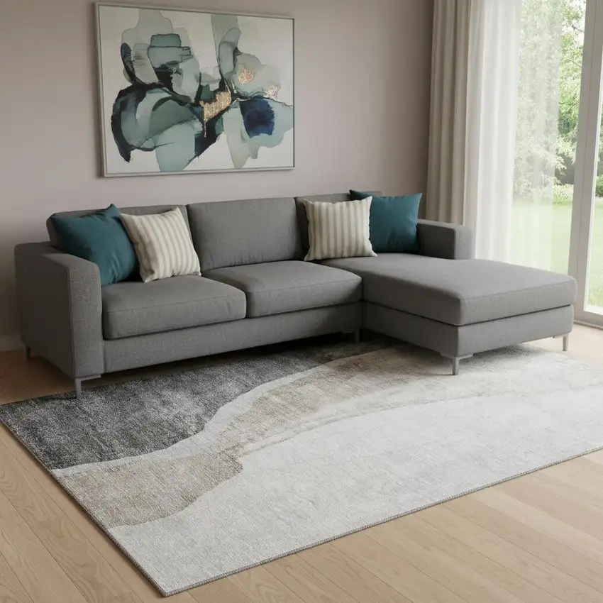 Charcoal And Ivory Abstract Washable Area Rug With UV Protection Photo 2