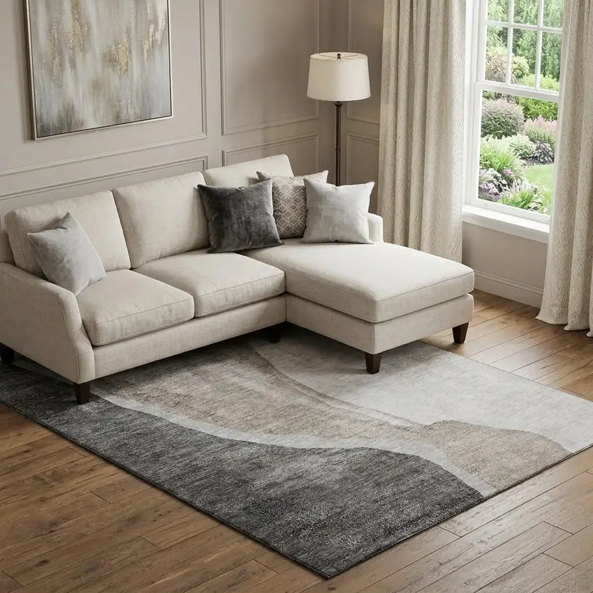 Charcoal And Ivory Abstract Washable Area Rug With UV Protection Photo 1