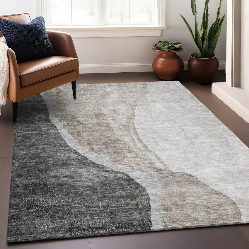 Charcoal And Ivory Abstract Washable Area Rug With UV Protection Photo 4