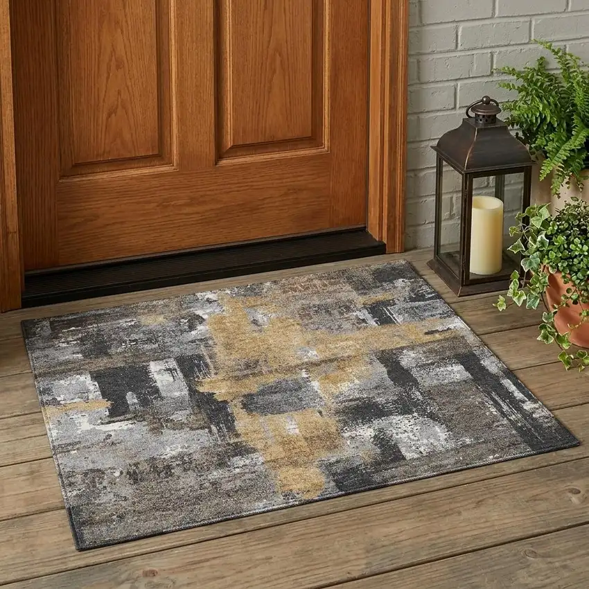 Charcoal And Ivory Abstract Washable Indoor Outdoor Area Rug Photo 1