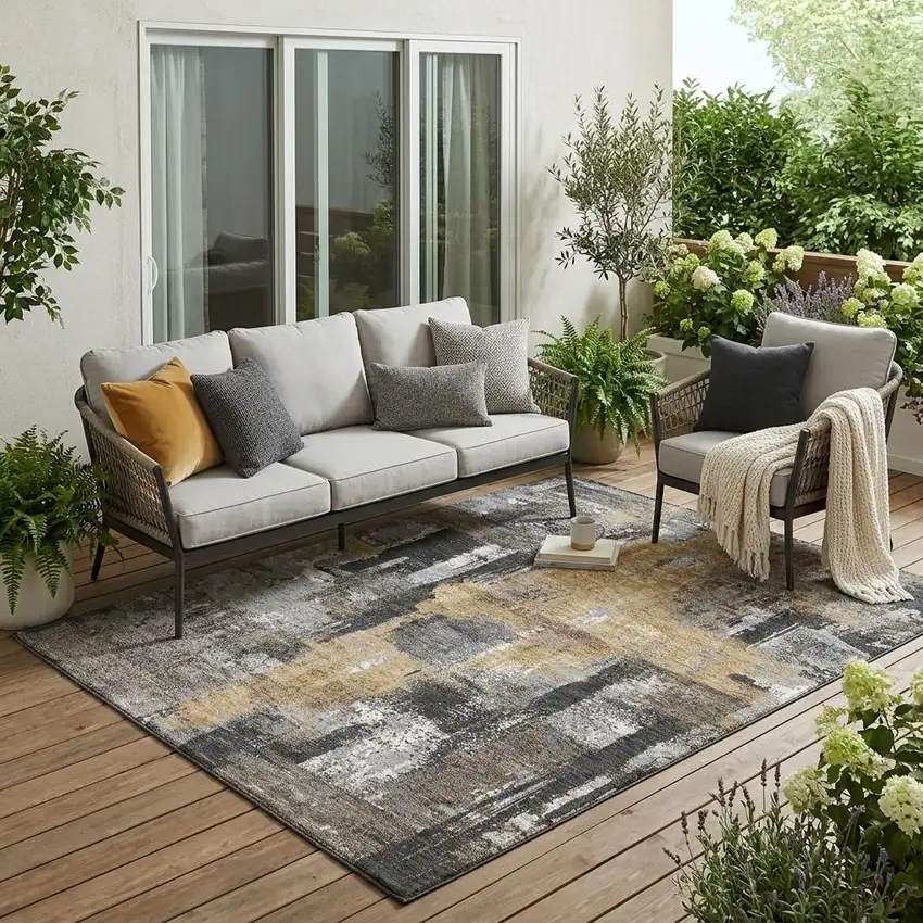 Charcoal And Ivory Abstract Washable Indoor Outdoor Area Rug Photo 1
