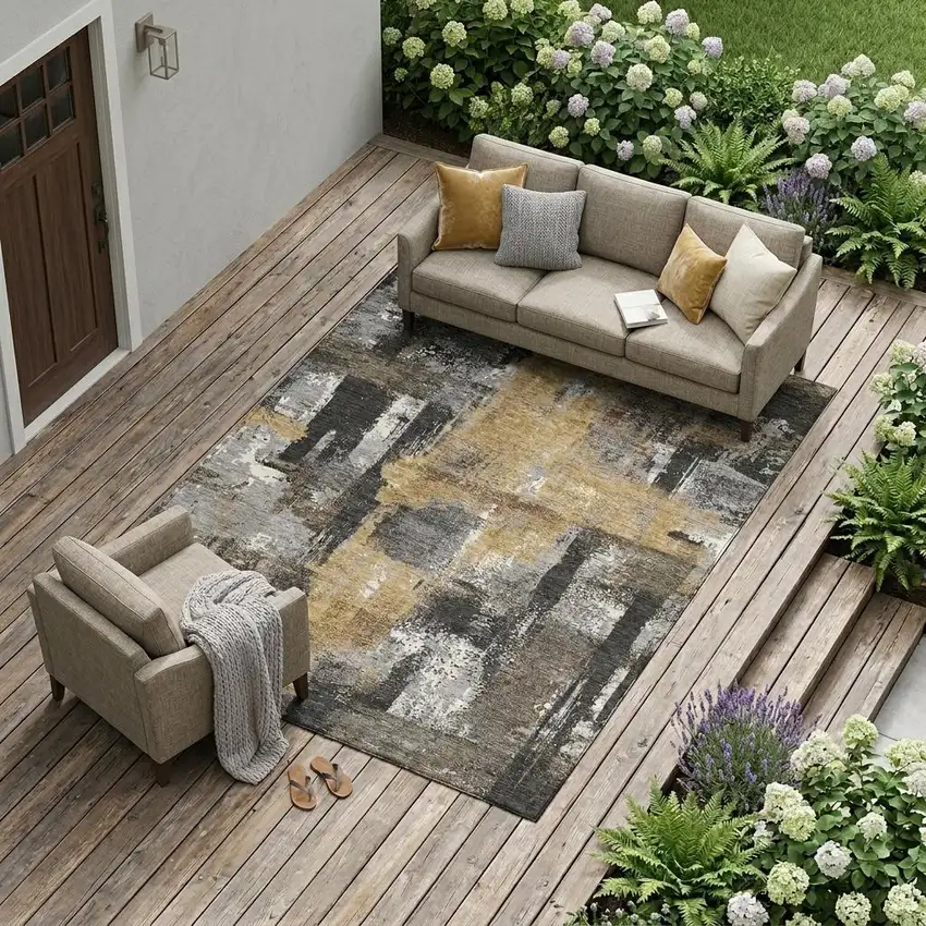 Charcoal And Ivory Abstract Washable Indoor Outdoor Area Rug Photo 1