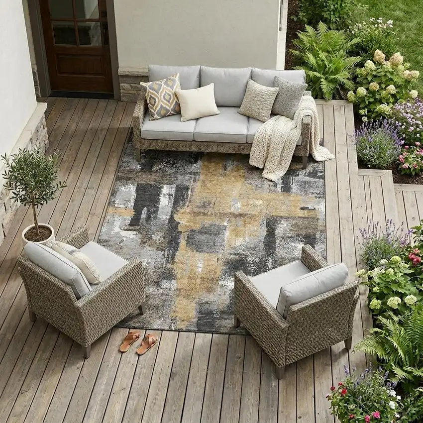 Charcoal And Ivory Abstract Washable Indoor Outdoor Area Rug Photo 1