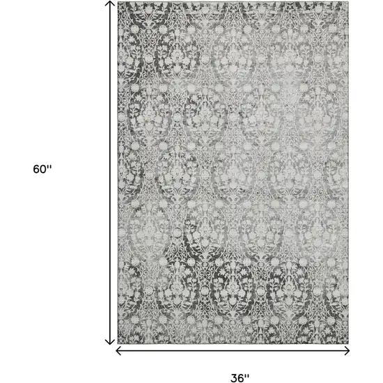 Charcoal And Ivory Damask Washable Area Rug With UV Protection Photo 3