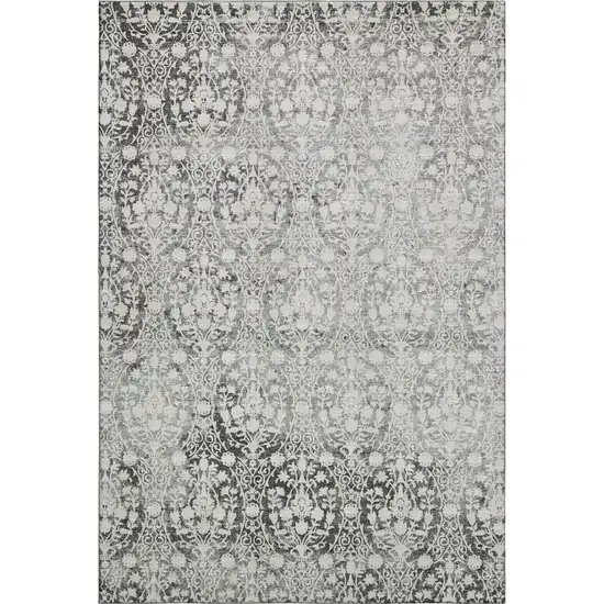Charcoal And Ivory Damask Washable Area Rug With UV Protection Photo 1