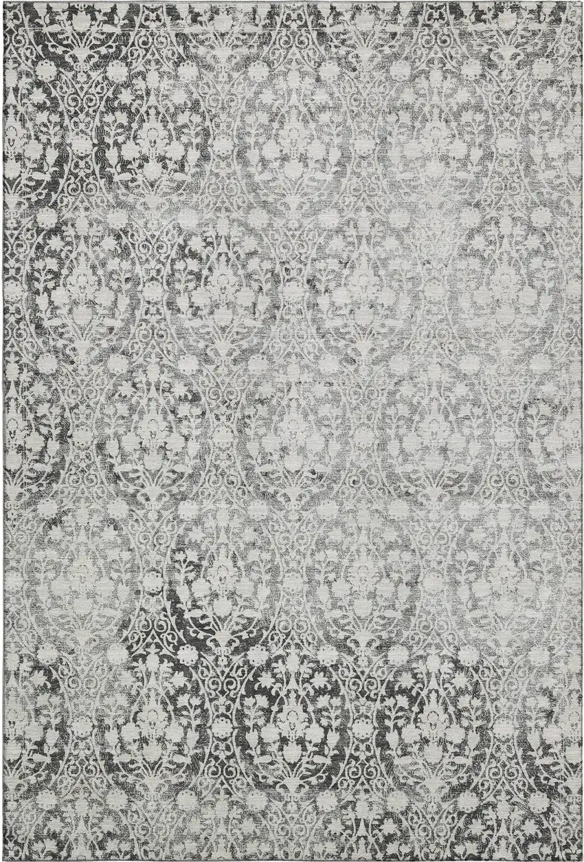 Charcoal And Ivory Damask Washable Area Rug With UV Protection Photo 1